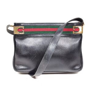 Auth Old Vintage Gucci Black Polished Leather Sherry Line Web Shoulder Bag